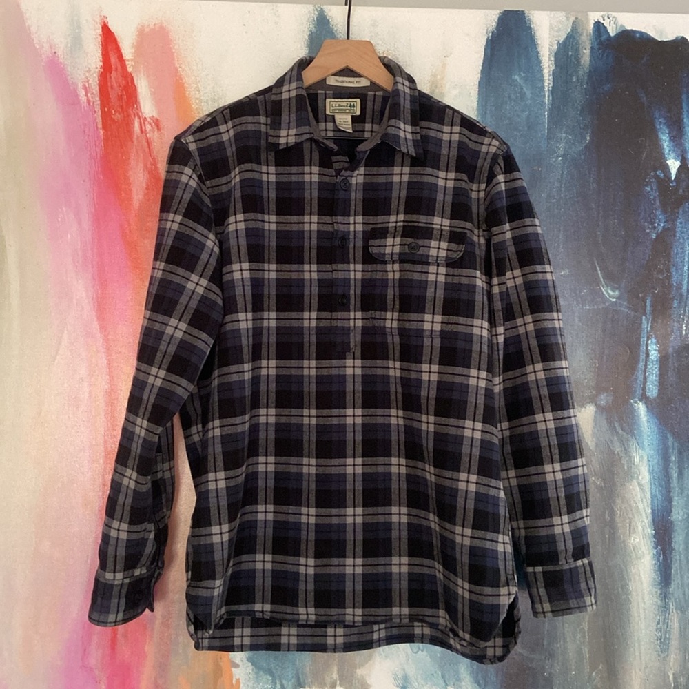 🔥EC🔥L.L.Bean Half Placket 100% Cotton Traditional Fit Heavy Weight Flann…